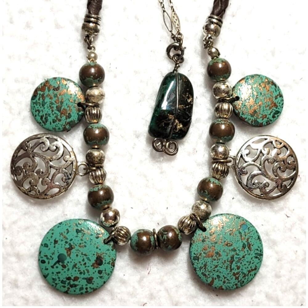 Southwest Boho Necklace Earrings Bracelet 4 Pc Lot Faux Turquoise Green Bronze - Picture 9 of 12